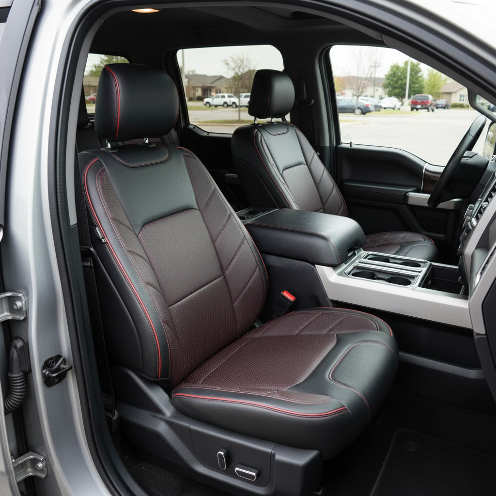 2015-2020 Ford F-150 XLT SuperCrew Katzkin Leather Upholstery Kit – Black & Red Square Perforated Inserts & Medium Red Stitching & Piping