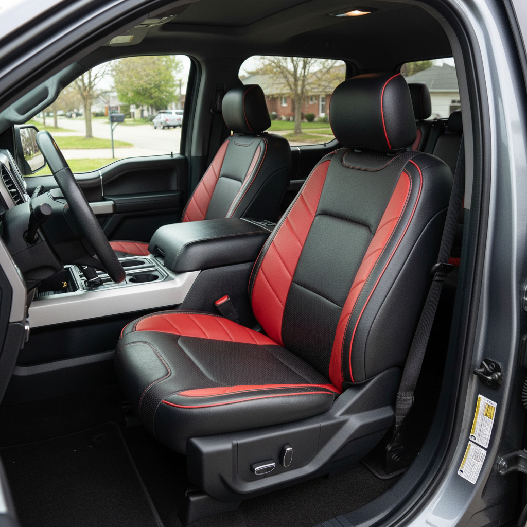2015-2020 Ford F-150 XLT SuperCrew Katzkin Leather Upholstery Kit – Black & Square Perforated Red Inserts, Salsa Panels & Salsa Piping