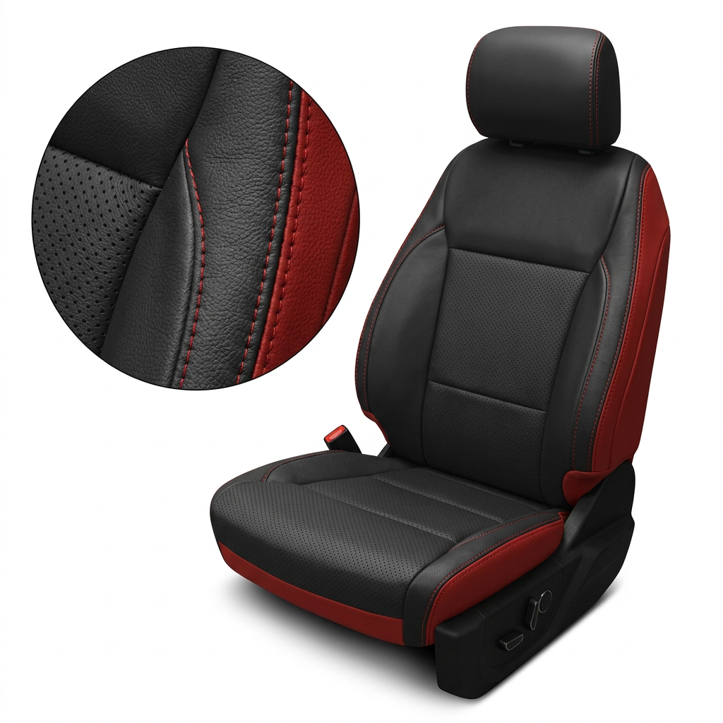 2021-2026 Ford F-250 XLT Katzkin Leather Seat Upholstery Kit – Black with Perforated Seating Inserts and Red Contrast Stitching