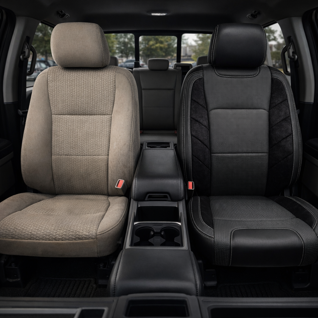 2015-2017 Ford F-150 XLT SuperCrew Katzkin Leather Upholstery Kit – Black & Square Perforated Gray Inserts, Black Suede Panels & Stone Stitching