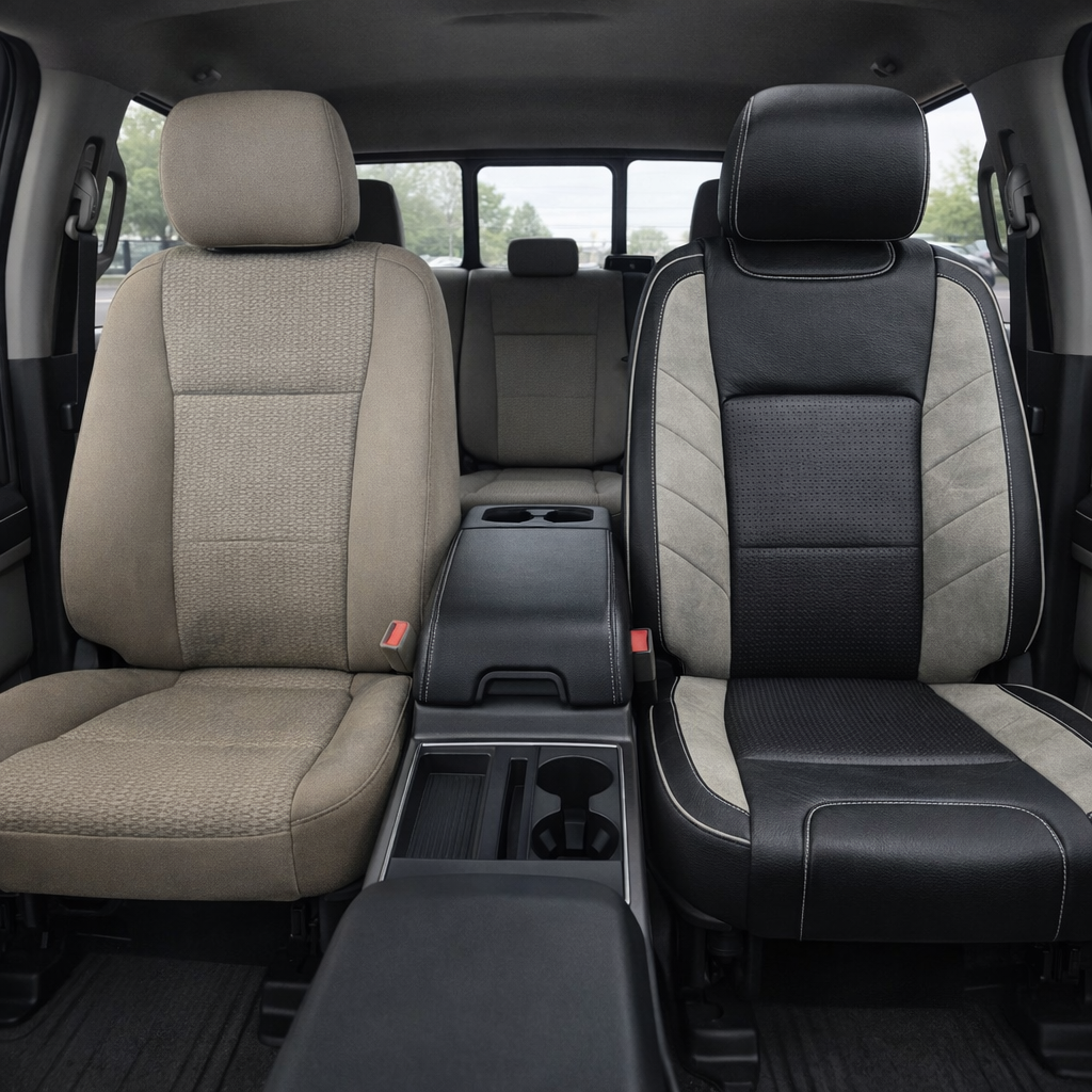 2015-2017 Ford F-150 XLT SuperCrew Katzkin Leather Upholstery Kit – Black & Square Perforated Flint Inserts, Heather Gray Suede Panels & Frost Stitching