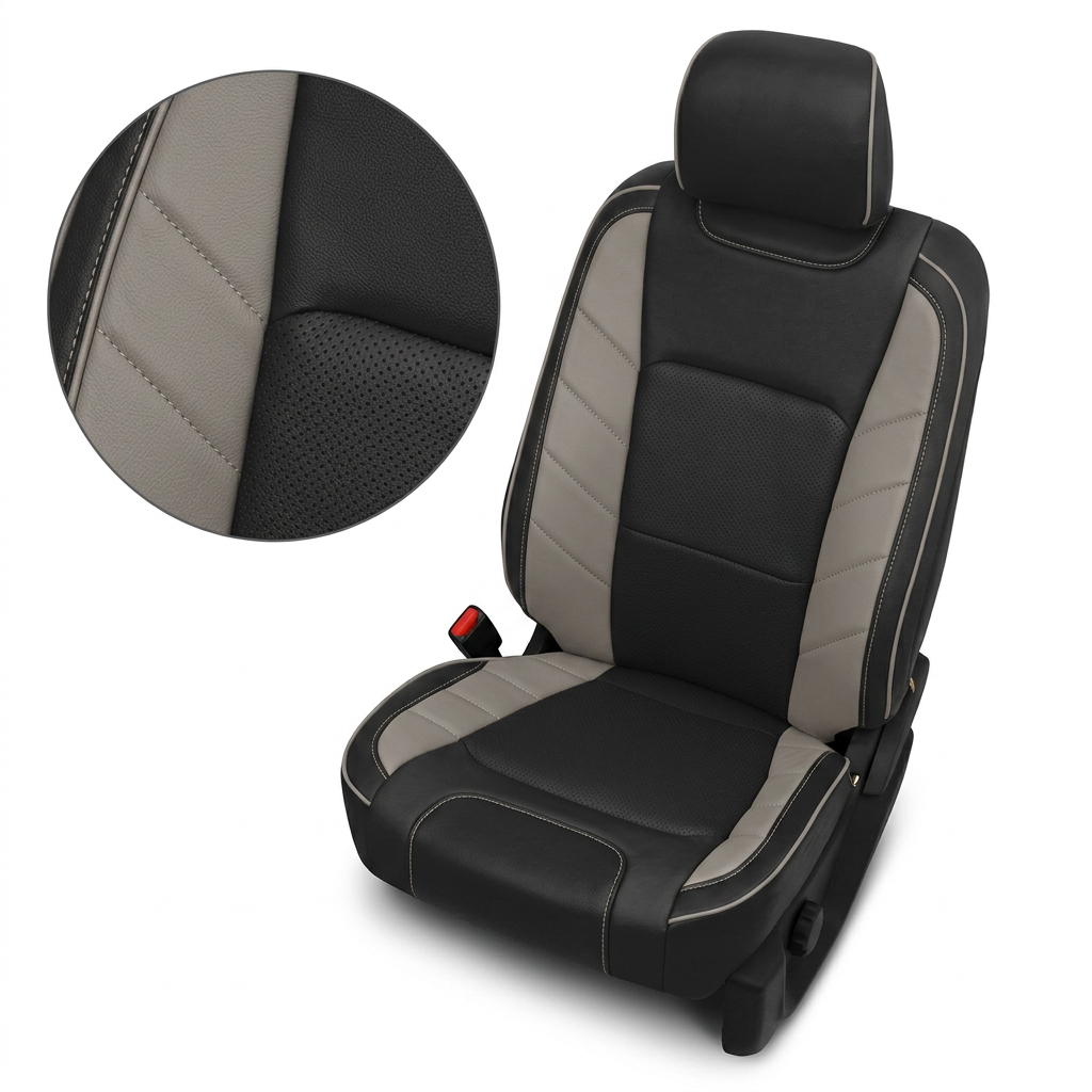 2015-2017 Ford F-150 XLT SuperCrew Katzkin Leather Upholstery Kit – Black & Perforated Black Inserts, Stone Accent Panels & Stone Piping
