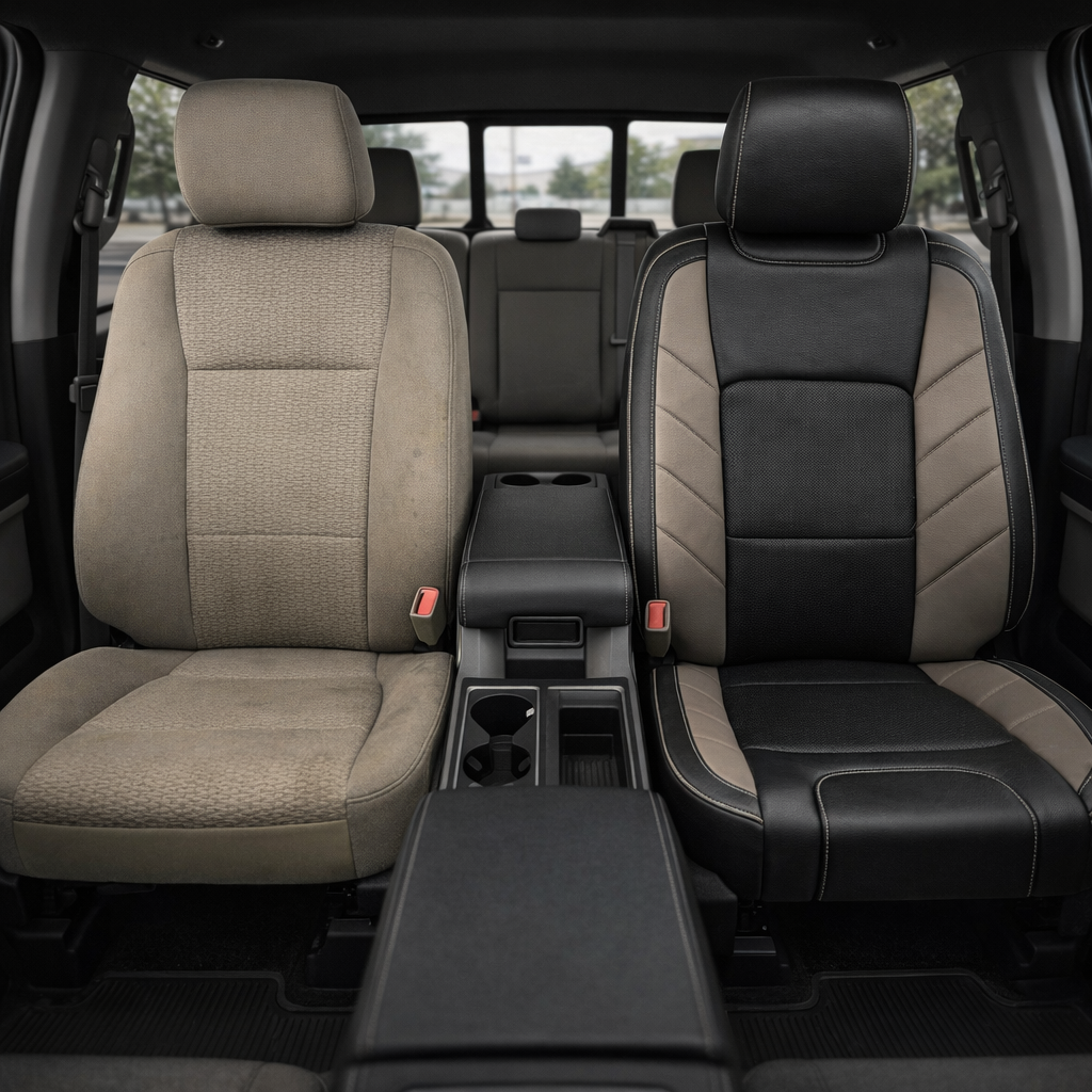 2015-2017 Ford F-150 XLT SuperCrew Katzkin Leather Upholstery Kit – Black & Perforated Black Inserts, Stone Accent Panels & Stone Piping