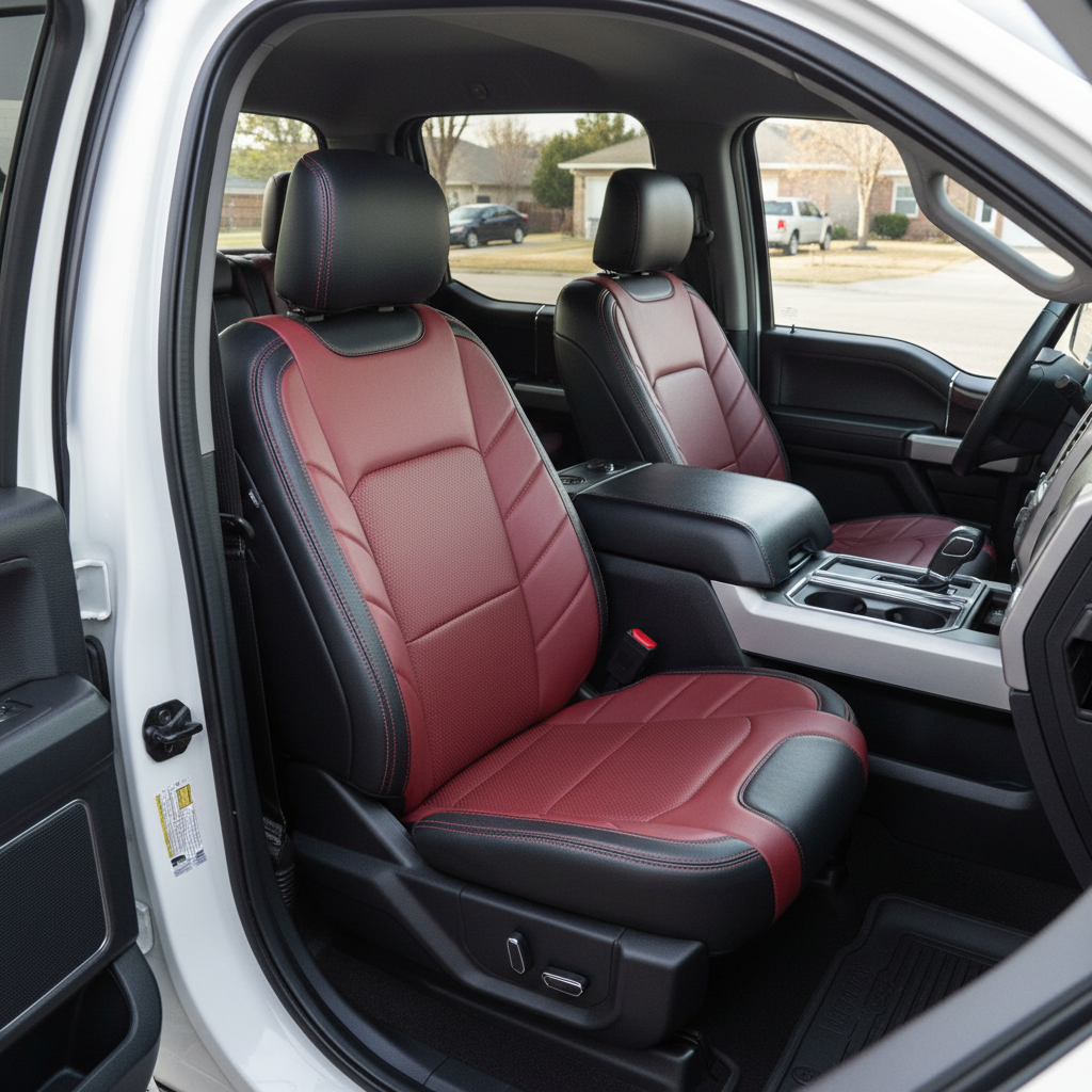 2015-2020 Ford F-150 XLT SuperCrew Katzkin Leather Upholstery Kit – Black & Medium Red with Perforated Red Inserts & Red Stitching
