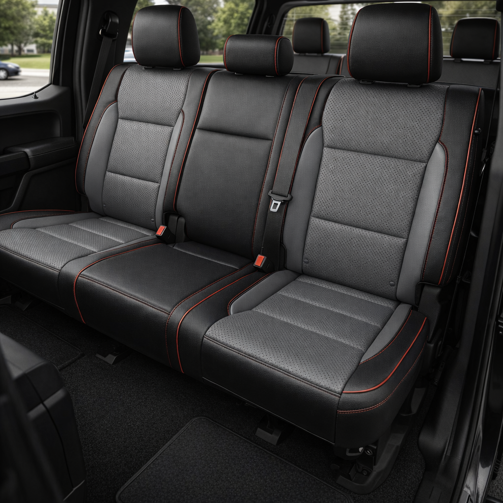 2021-2026 Ford F-150 XLT Katzkin Leather Seat Upholstery Kit – Black with Lunar Gray Body Inserts and Accent Panels, Perforated Body Inserts, Red Piping, and Red Contrast Stitching