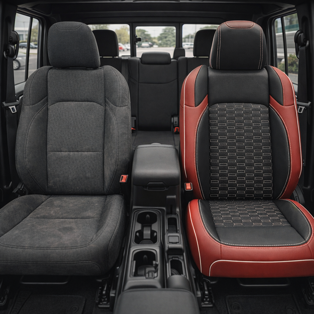 2020-2026 Jeep Gladiator Katzkin Leather Seat Upholstery Kit – Red with Black Center Inserts and Matching Headrest Face, Black Accent Panels, Double Hex Pattern Inserts in Pearl White, Pearl White Piping, and Pearl White Contrast Stitching