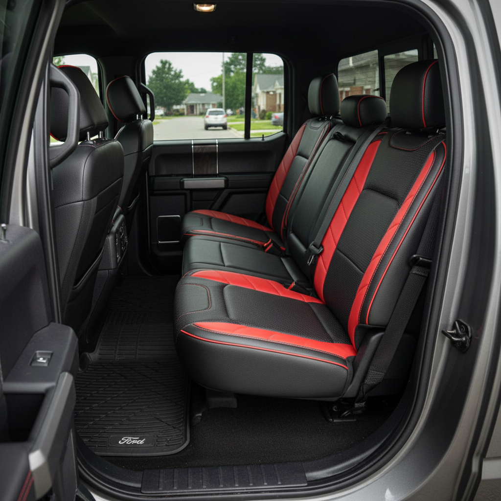 2015-2020 Ford F-150 XLT SuperCrew Katzkin Leather Upholstery Kit – Black & Square Perforated Red Inserts, Salsa Panels & Salsa Piping