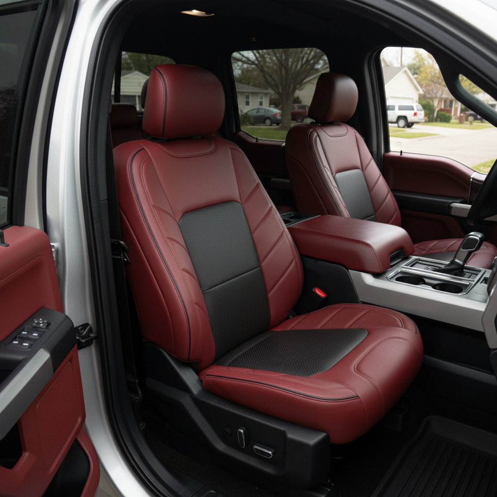 2015-2020 Ford F-150 XLT SuperCrew Katzkin Leather Upholstery Kit – Medium Red & Square Perforated Red Inserts, Black Stitching & Piping