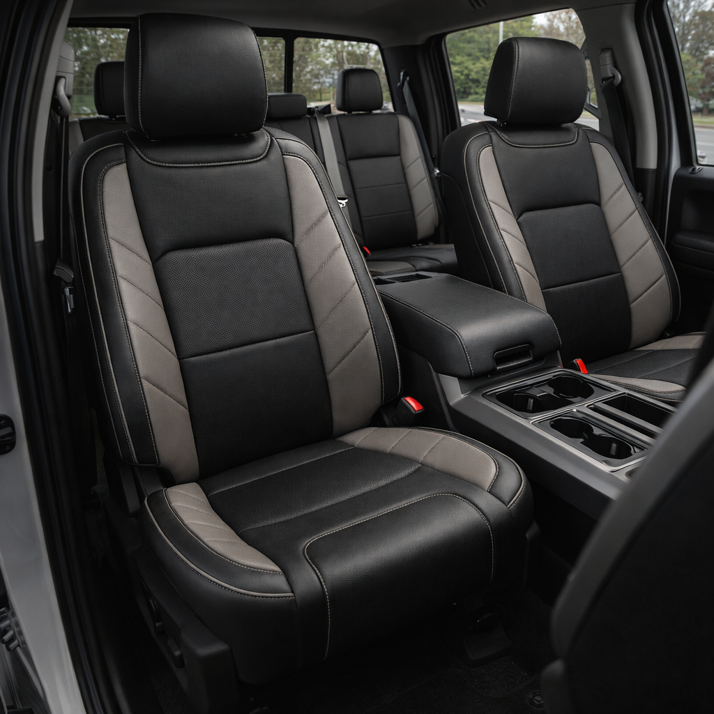 2015-2017 Ford F-150 XLT SuperCrew Katzkin Leather Upholstery Kit – Black & Perforated Black Inserts, Stone Accent Panels & Stone Piping