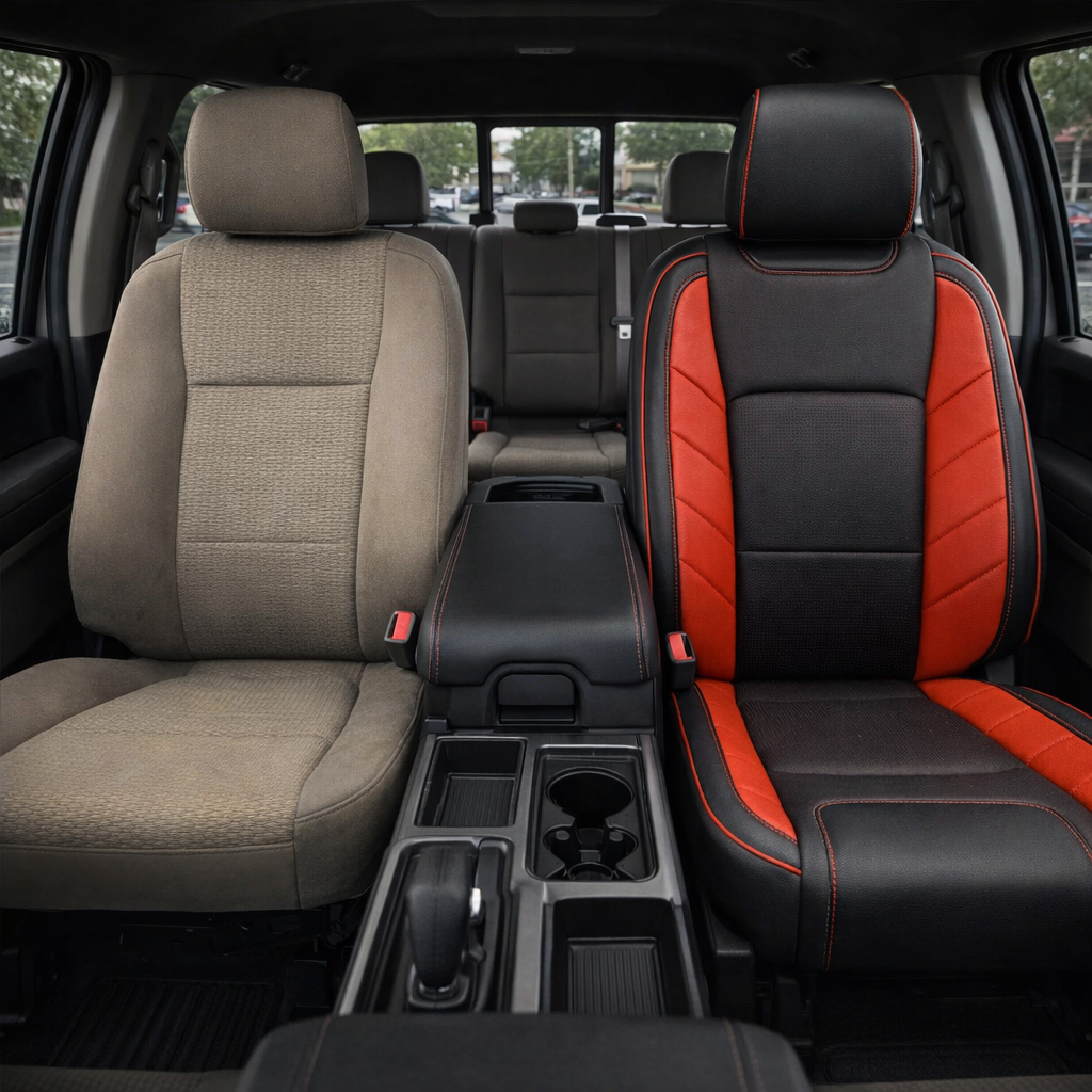 2015-2017 Ford F-150 XLT SuperCrew Katzkin Leather Upholstery Kit – Black & Square Perforated Red Inserts, Salsa Panels & Salsa Piping