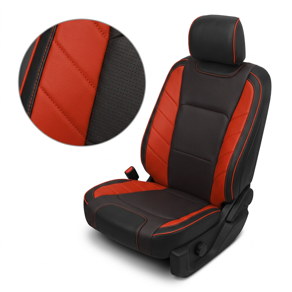 2015-2017 Ford F-150 XLT SuperCrew Katzkin Leather Upholstery Kit – Black & Square Perforated Red Inserts, Salsa Panels & Salsa Piping