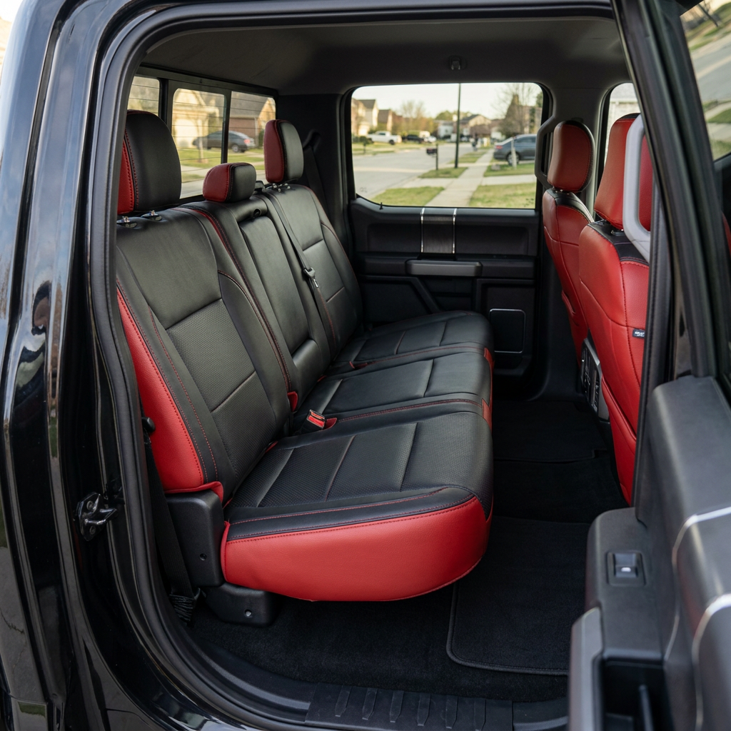 2021-2026 Ford F-250 XLT Katzkin Leather Seat Upholstery Kit – Black with Perforated Seating Inserts and Red Contrast Stitching