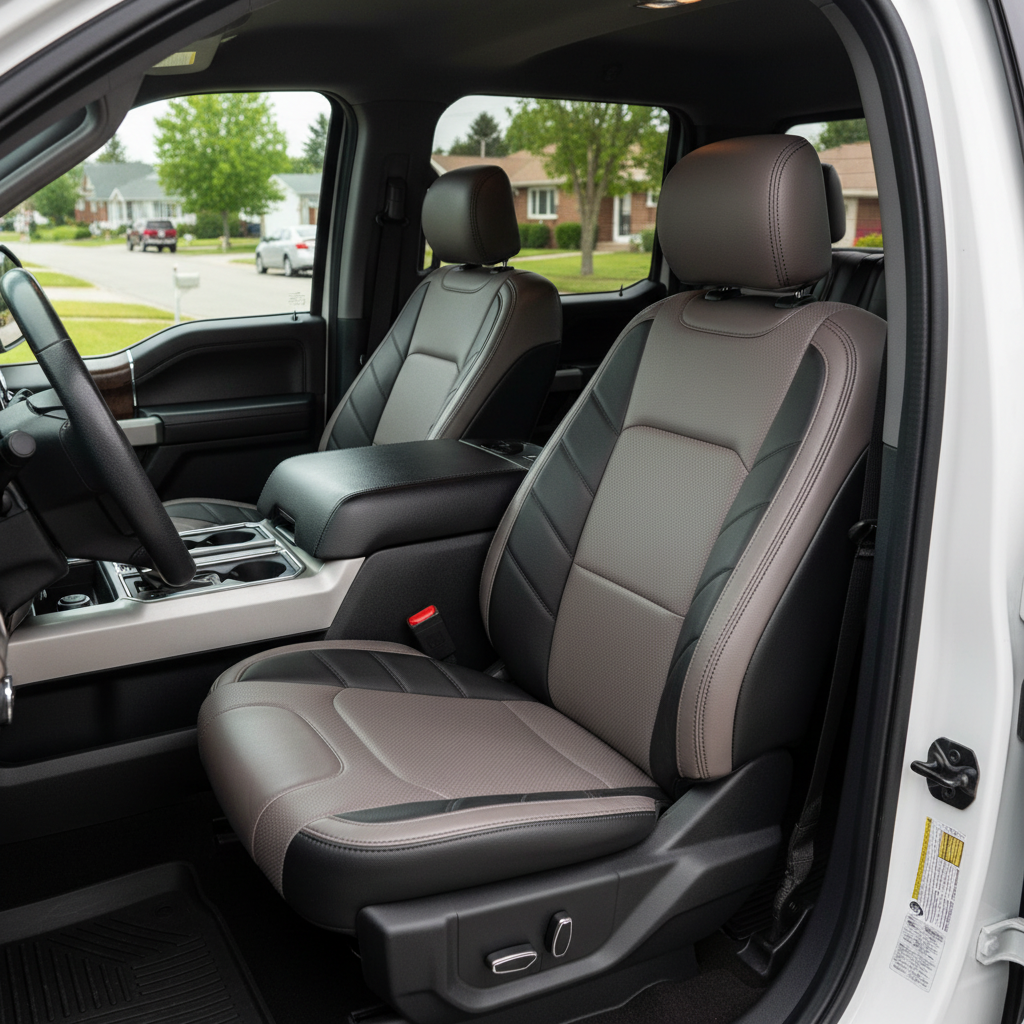 2015-2020 Ford F-150 XLT SuperCrew Katzkin Leather Kit – Stone & Black Accent Panels, Black Stitching