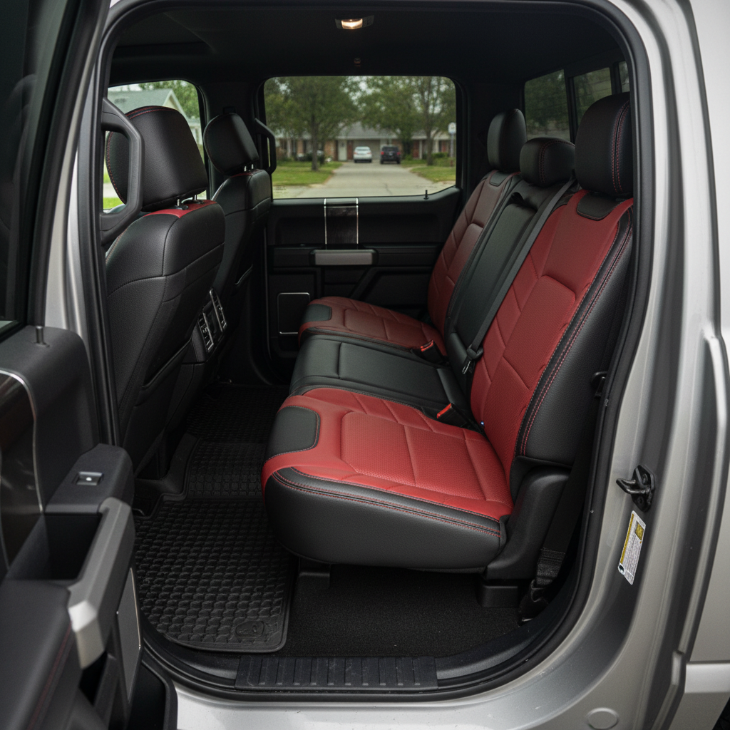 2015-2020 Ford F-150 XLT SuperCrew Katzkin Leather Upholstery Kit – Black & Medium Red with Perforated Red Inserts & Red Stitching