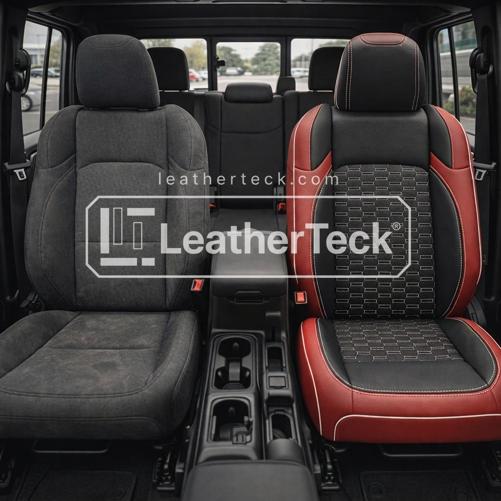2020-2026 Jeep Gladiator Katzkin Leather Seat Upholstery Kit – Red with Black Center Inserts and Matching Headrest Face, Black Accent Panels, Double Hex Pattern Inserts in Pearl White, Pearl White Piping, and Pearl White Contrast Stitching