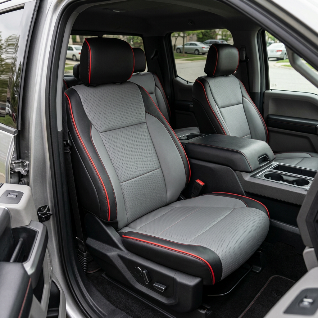 2021-2026 Ford F-250 XLT Katzkin Leather Seat Upholstery Kit – Black with Lunar Gray Seating Inserts, Lunar Gray Accent Panels, Perforated Seating Inserts, Red Piping, and Red Contrast Stitching