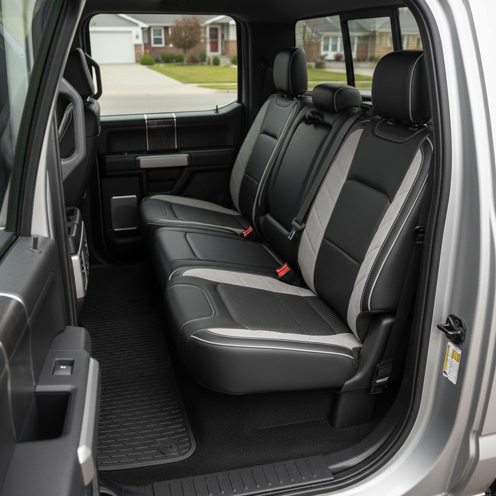 2015-2020 Ford F-150 XLT SuperCrew Katzkin Leather Upholstery Kit – Black & Square Perforated Flint Inserts, Heather Gray Suede Panels & Frost Stitching