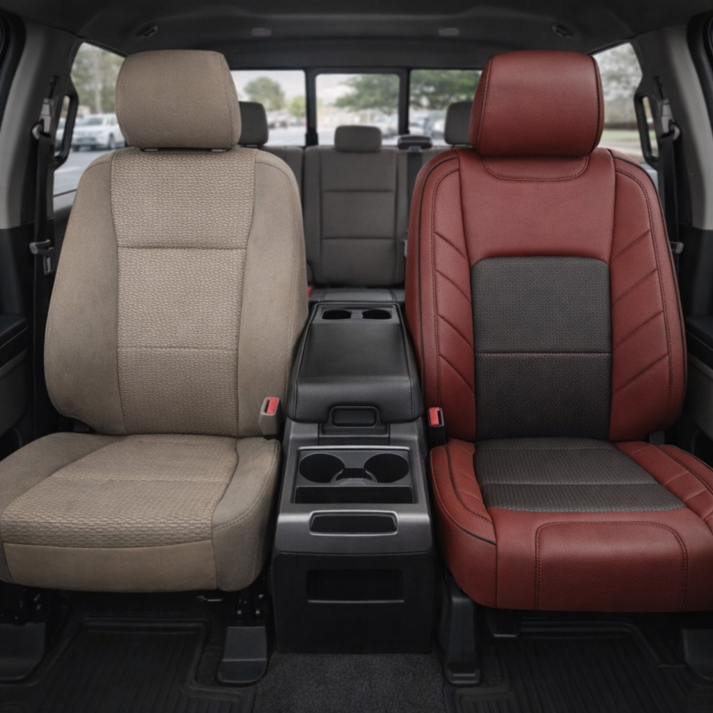 2015-2017 Ford F-150 XLT SuperCrew Katzkin Leather Upholstery Kit – Medium Red & Square Perforated Red Inserts, Black Stitching & Piping