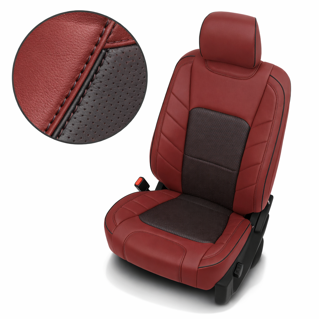 2015-2017 Ford F-150 XLT SuperCrew Katzkin Leather Upholstery Kit – Medium Red & Square Perforated Red Inserts, Black Stitching & Piping