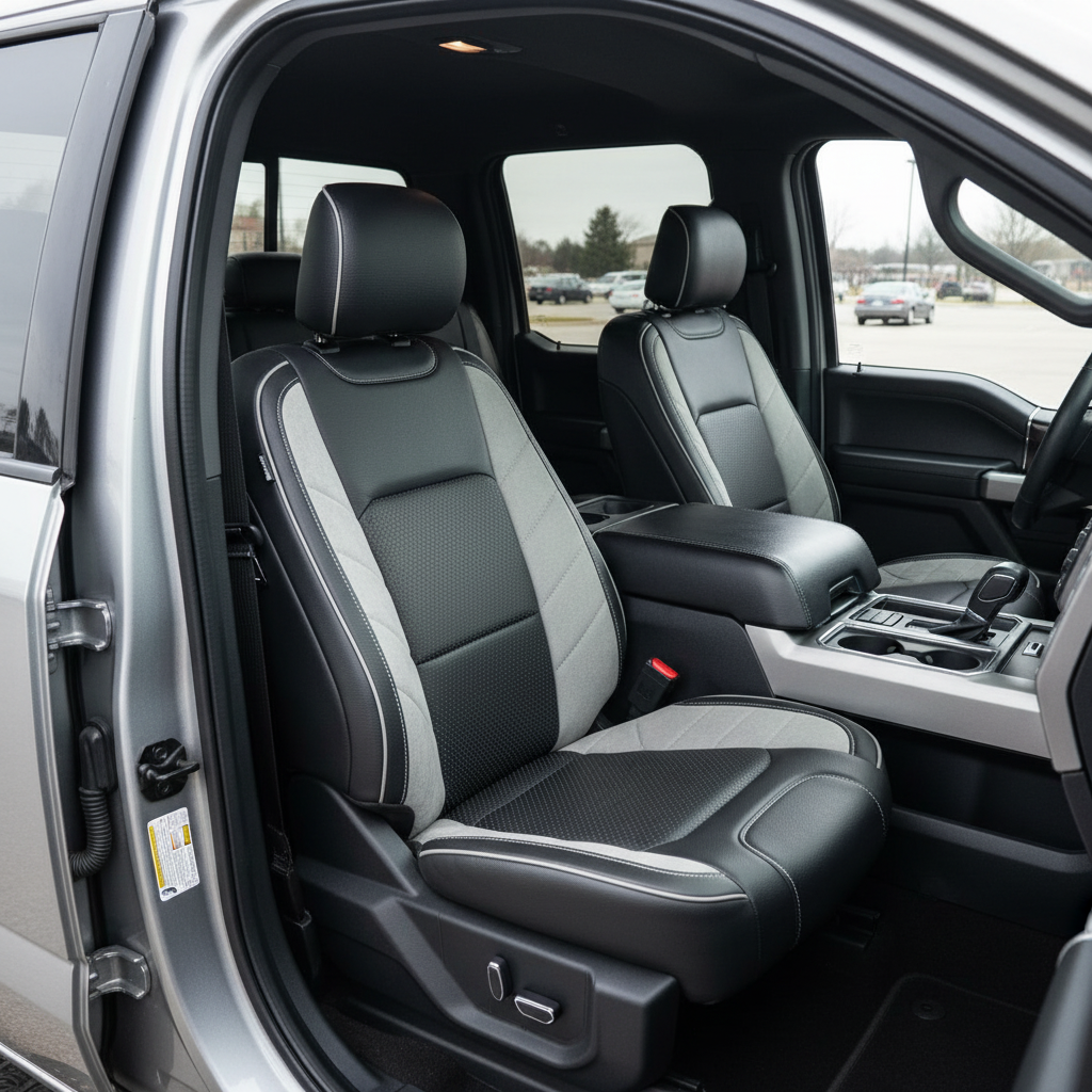 2015-2020 Ford F-150 XLT SuperCrew Katzkin Leather Upholstery Kit – Black & Square Perforated Flint Inserts, Heather Gray Suede Panels & Frost Stitching