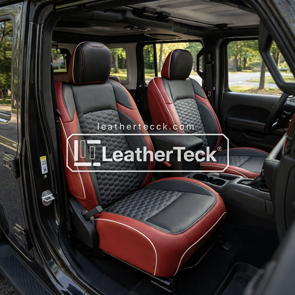 2020-2026 Jeep Gladiator Katzkin Leather Seat Upholstery Kit – Red with Black Center Inserts and Matching Headrest Face, Black Accent Panels, Double Hex Pattern Inserts in Pearl White, Pearl White Piping, and Pearl White Contrast Stitching