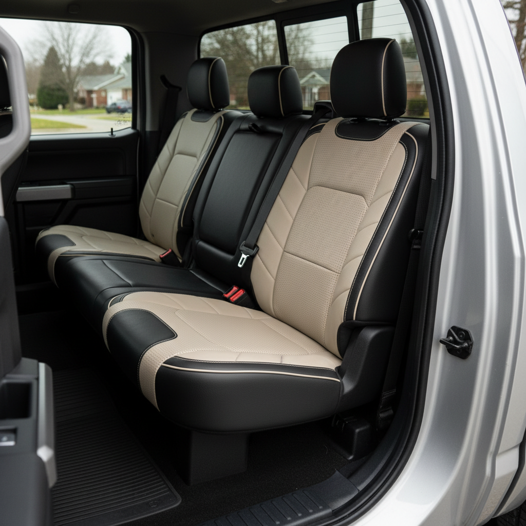 2015-2020 Ford F-150 XLT SuperCrew Katzkin Leather Upholstery Kit – Black & Square Perforated Alabaster/Java Brown Inserts, Alabaster Panels & Piping