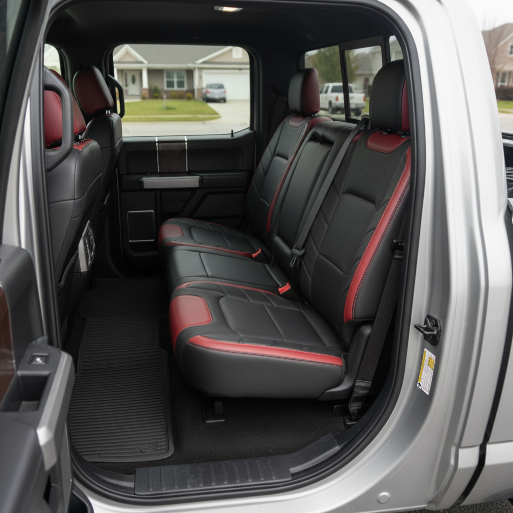 2015-2020 Ford F-150 XLT SuperCrew Katzkin Leather Upholstery Kit – Medium Red & Black Center Inserts, Perforated Red Inserts & Black Piping