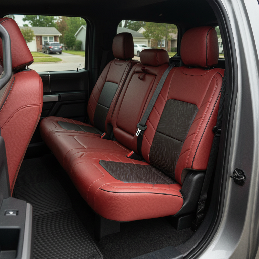 2015-2020 Ford F-150 XLT SuperCrew Katzkin Leather Upholstery Kit – Medium Red & Square Perforated Red Inserts, Black Stitching & Piping