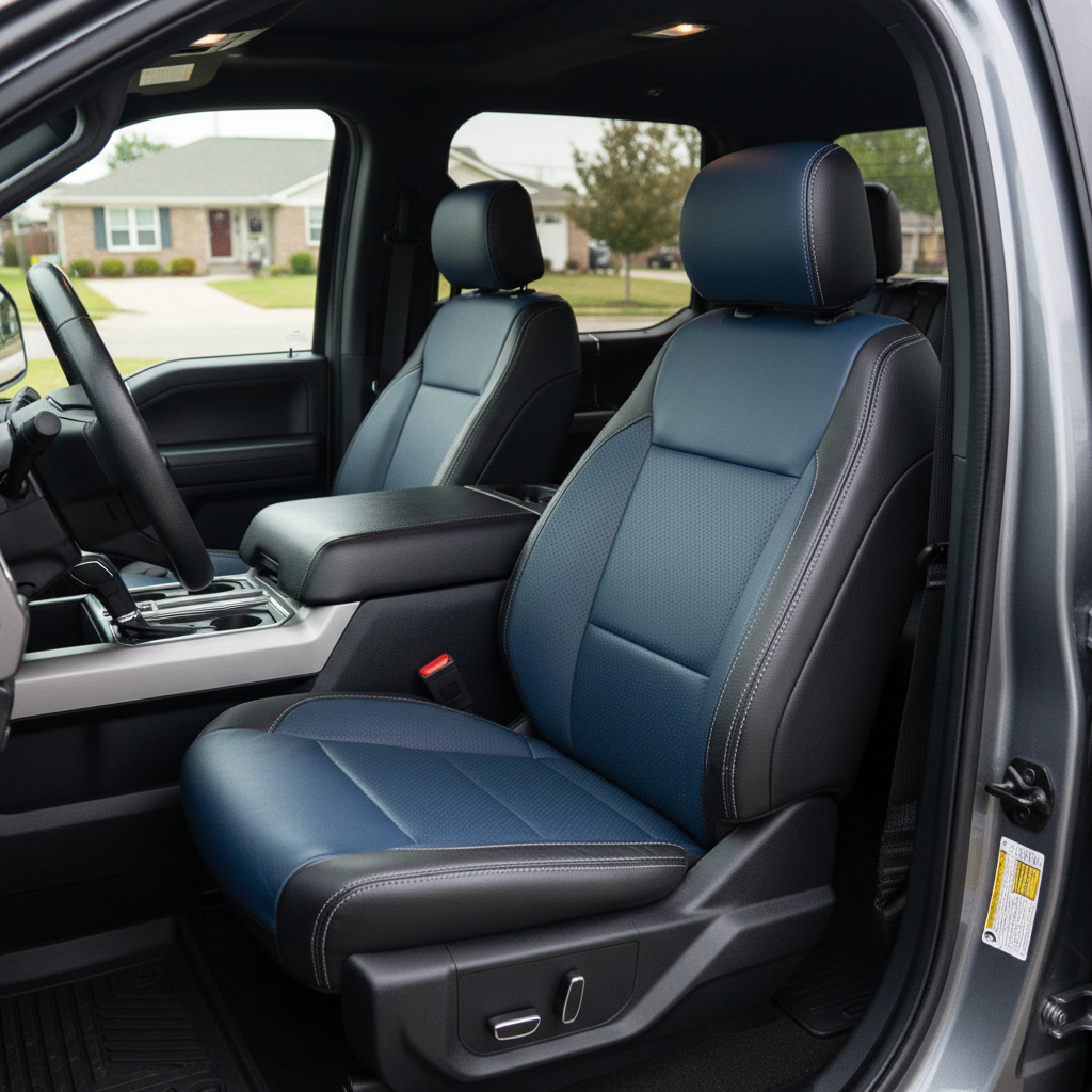 2021-2026 Ford F-250 XLT Katzkin Leather Seat Upholstery Kit – Black with Pacific Blue Center Inserts, Perforated Inserts, Pacific Blue Perforated Accent Panels, and Silver Contrast Stitching