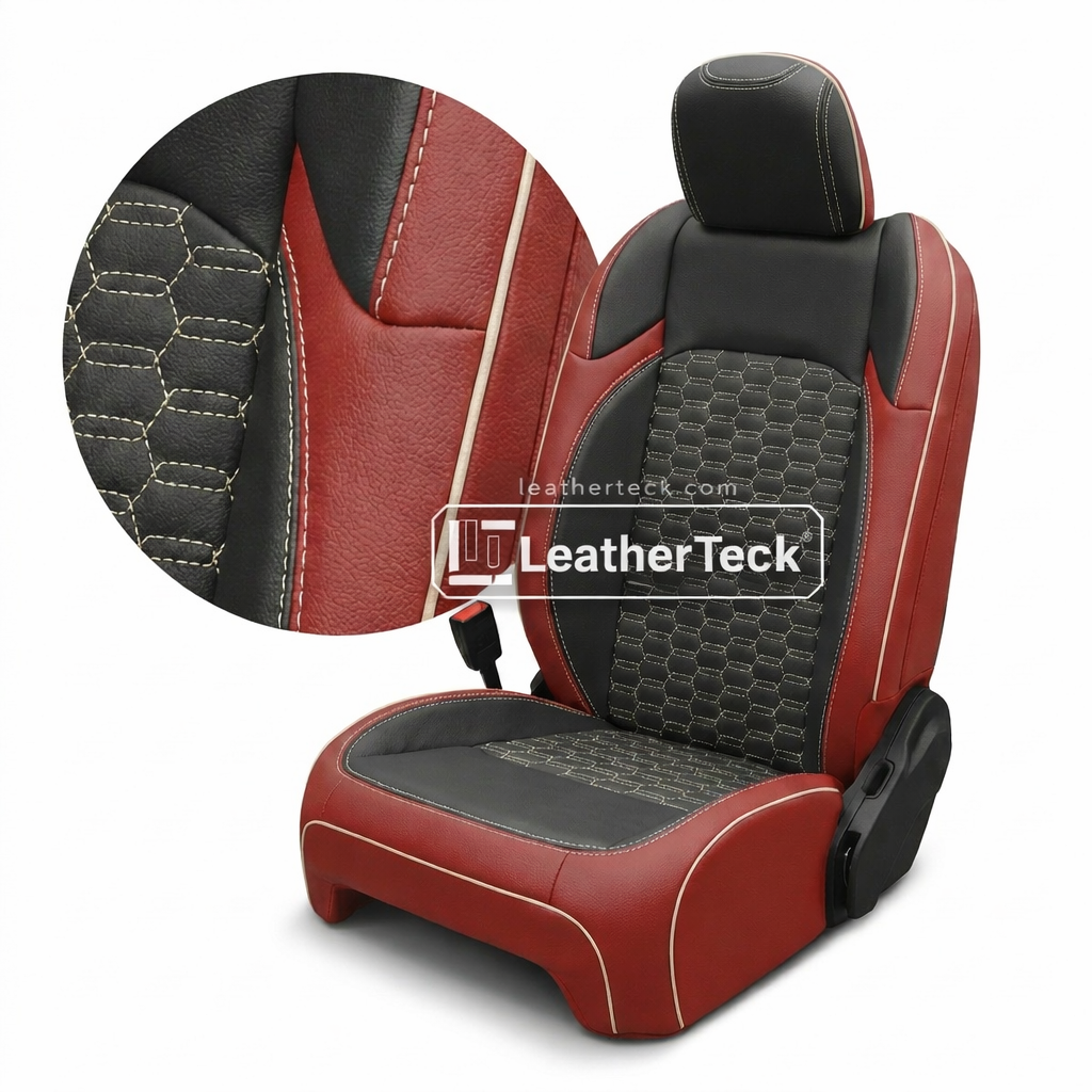 2020-2026 Jeep Gladiator Katzkin Leather Seat Upholstery Kit – Red with Black Center Inserts and Matching Headrest Face, Black Accent Panels, Double Hex Pattern Inserts in Pearl White, Pearl White Piping, and Pearl White Contrast Stitching