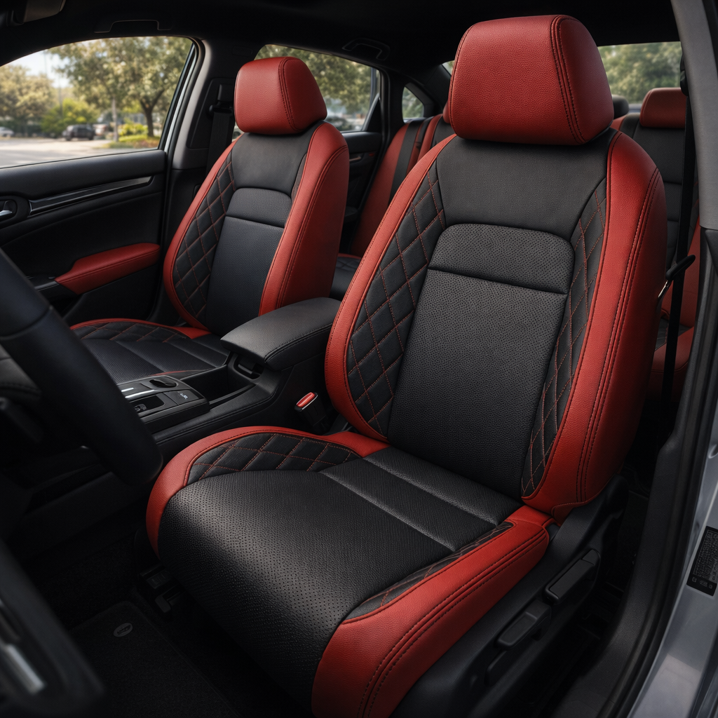 2022-2026 Honda Civic Katzkin Leather – Red & Black Body Inserts, Perforated Red Combo Inserts, Diamond Quilted Panels, Black Stitching