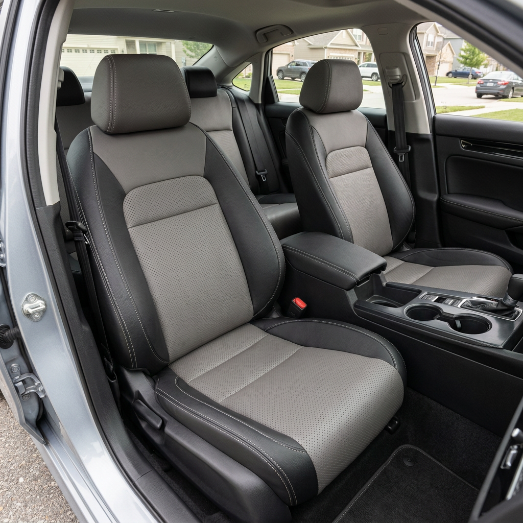 2022-2026 Honda Civic Katzkin Leather – Black & Lt. Grey Center Inserts, Perforated Black Combo Inserts, Stone Stitching