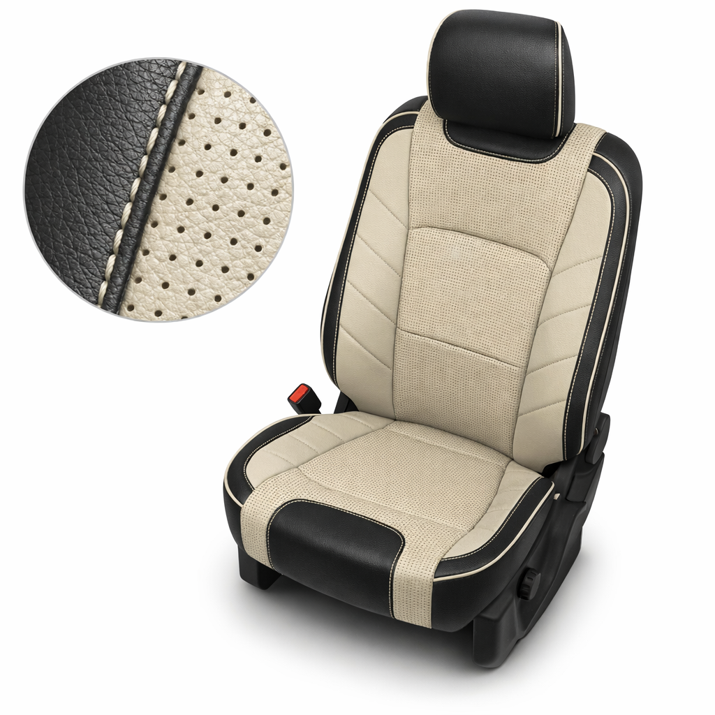 2015-2017 Ford F-150 XLT SuperCrew Katzkin Leather Upholstery Kit – Black & Square Perforated Alabaster/Java Brown Inserts, Alabaster Panels & Piping