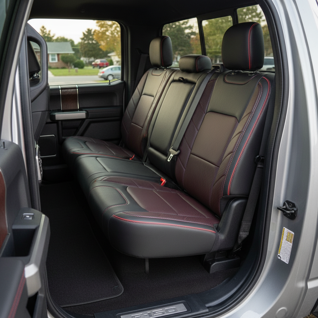 2015-2020 Ford F-150 XLT SuperCrew Katzkin Leather Upholstery Kit – Black & Red Square Perforated Inserts & Medium Red Stitching & Piping