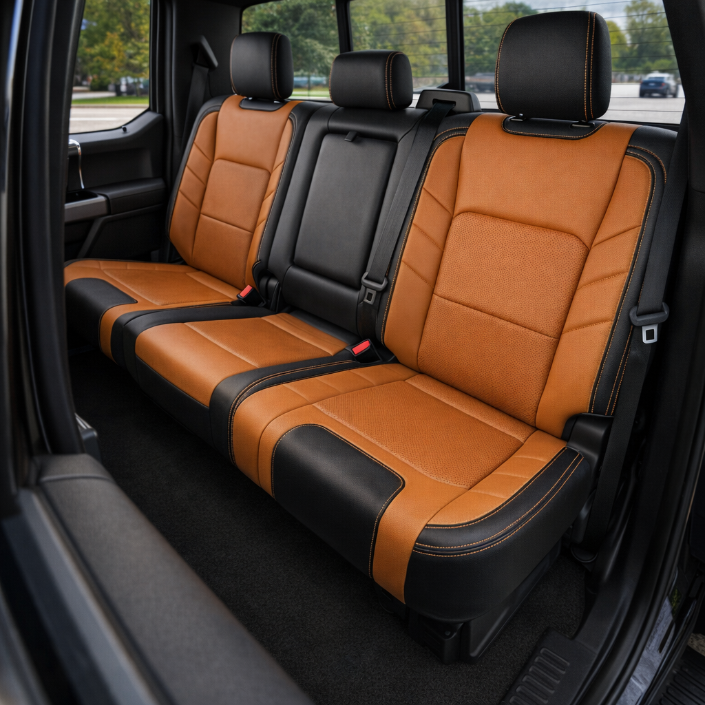 2015-2017 Ford F-150 XLT SuperCrew Katzkin Leather Upholstery Kit – Black & Autumn with Perforated Autumn Inserts & Autumn Stitching