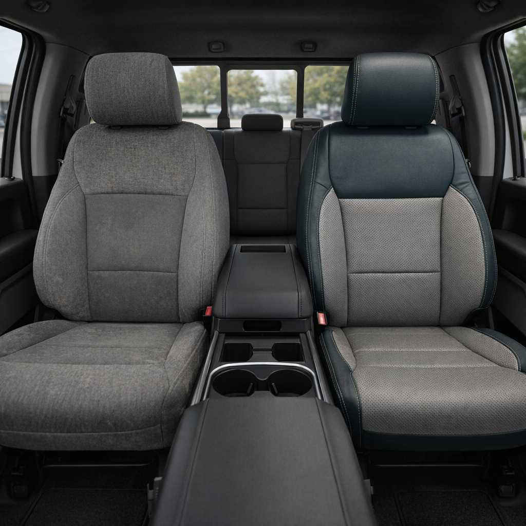 2021-2026 Ford F-250 XLT Katzkin Leather Seat Upholstery Kit – Blue with Lunar Gray Perforated Combo Center Inserts, Lunar Gray Perforated Accent Panels, and Lunar Gray Contrast Stitching