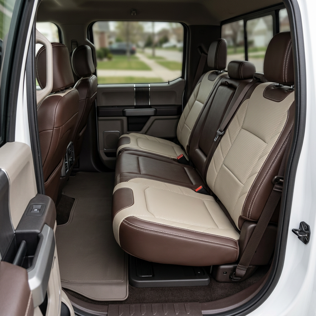 2015-2020 Ford F-150 XLT SuperCrew Katzkin Leather Upholstery Kit – Coffee Brown & Square Perforated Alabaster/Java Brown Inserts, Alabaster Stitching