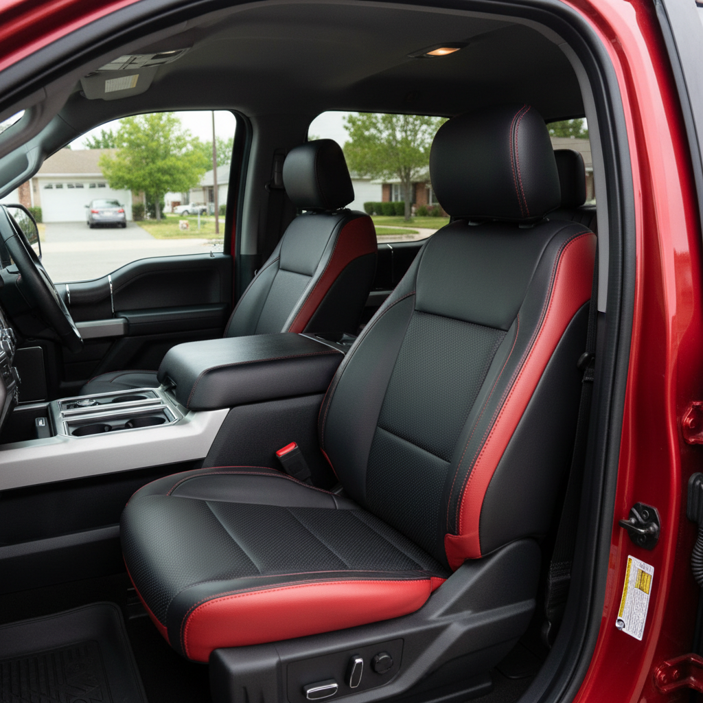 2021-2026 Ford F-250 XLT Katzkin Leather Seat Upholstery Kit – Black with Perforated Seating Inserts and Red Contrast Stitching