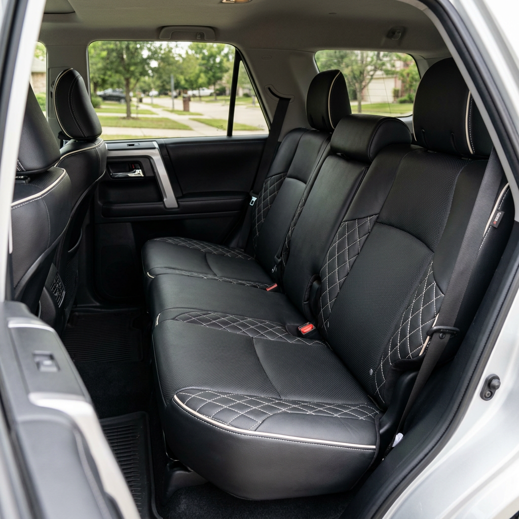 2010-2024 Toyota 4Runner SR5 Katzkin Leather – Black & Perforated Inserts, Pearl White Piping & Diamond Quilted Panels