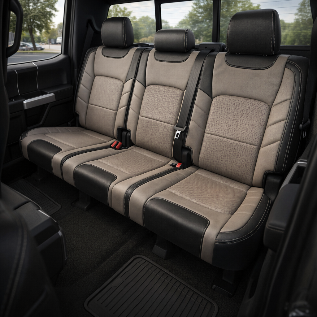 2015-2020 Ford F-150 XLT SuperCrew Katzkin Leather Upholstery Kit – Black & Stone with Perforated Stone Inserts & Stone Stitching