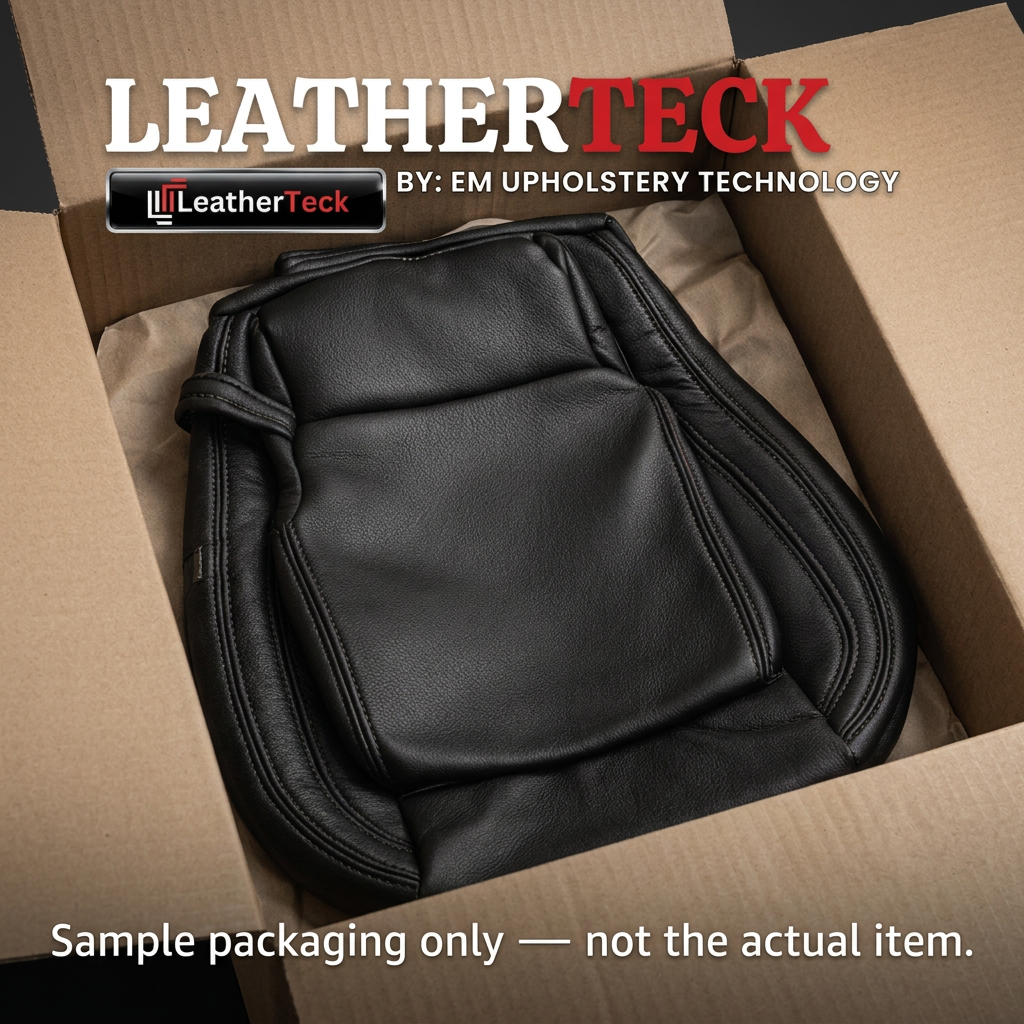 LeatherTeck branding of an open box view of LeatherTeck leather seat upholstery kit showing packaged seat cover components.