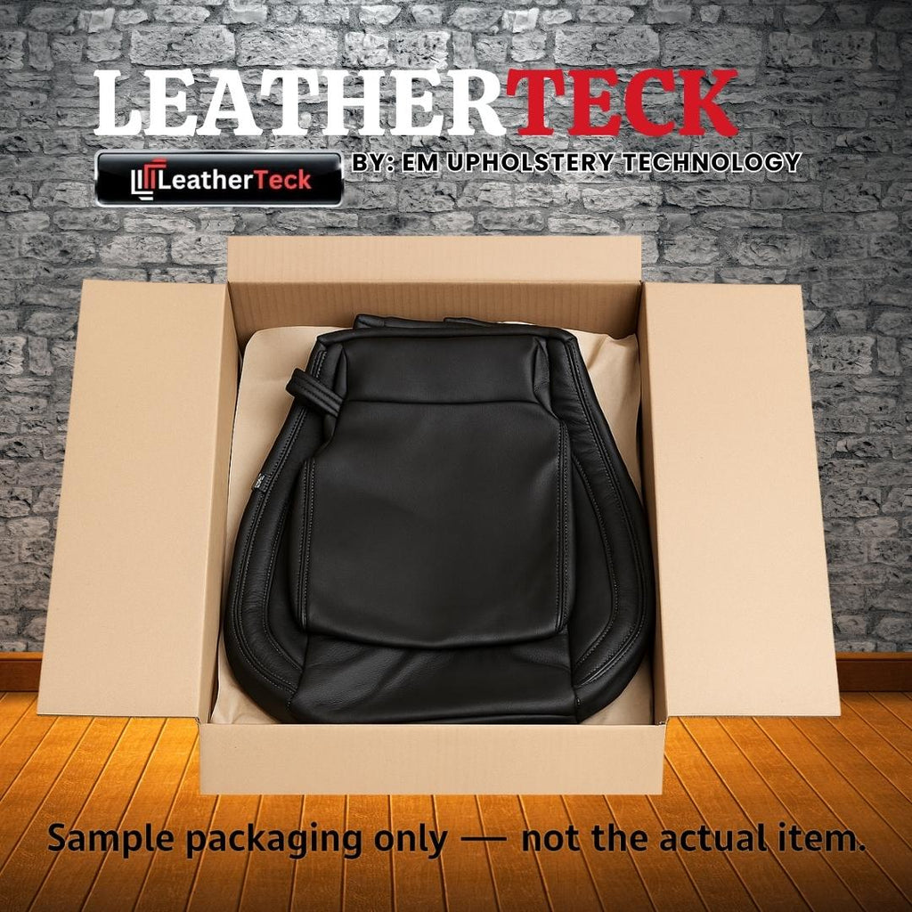 Leather seat upholstery kit unboxing image showing an open cardboard box with folded black leather seat cover pieces inside, branded “LEATHERTECK by EM Upholstery Technology” with the Leatherteck logo, and a note reading “Sample packaging only — not the actual item.”